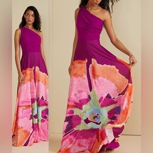 AMUR Atlas One Shoulder Gown in Sangria Flower 6 NWOT